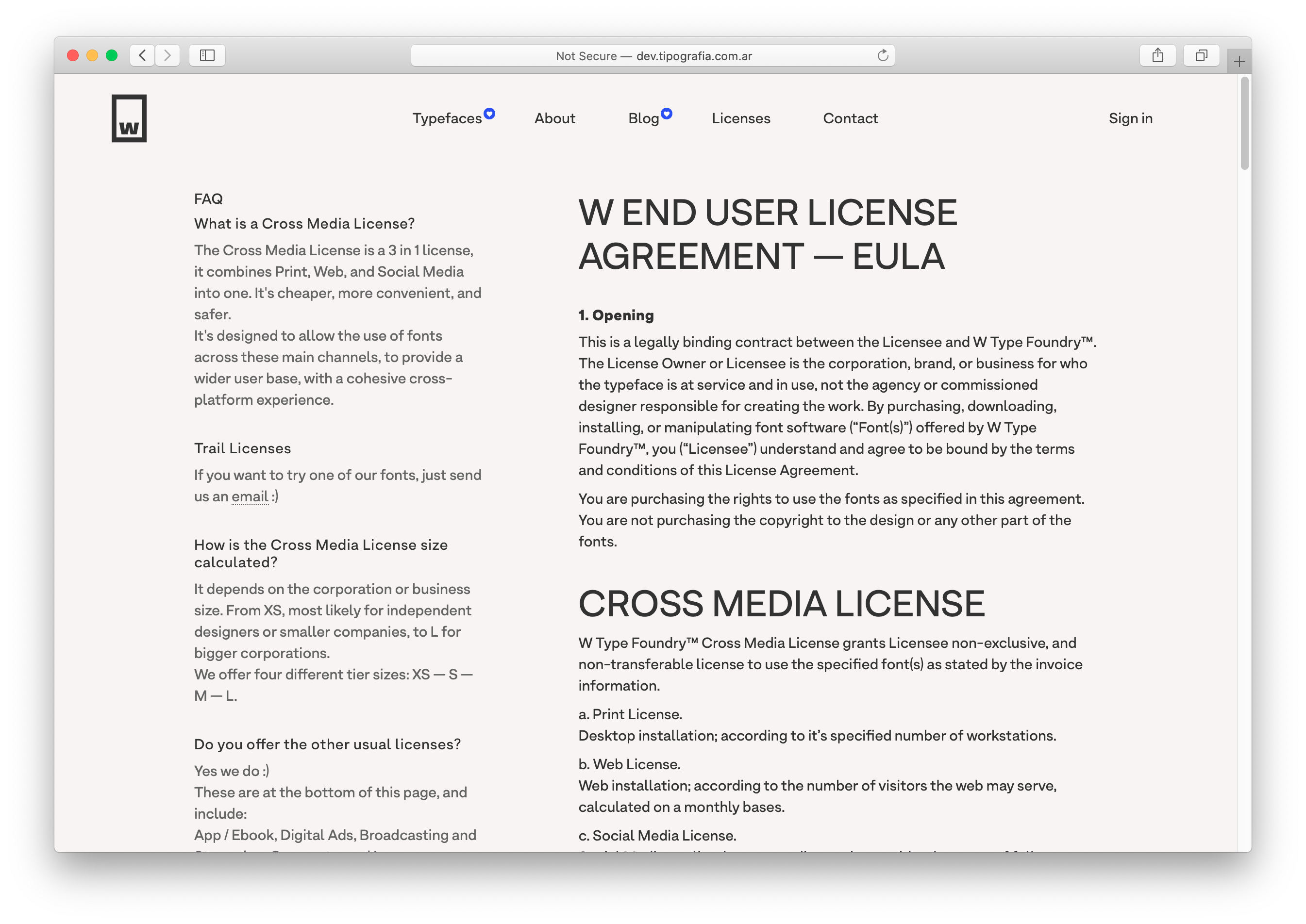 The new W Type Foundry website EULA